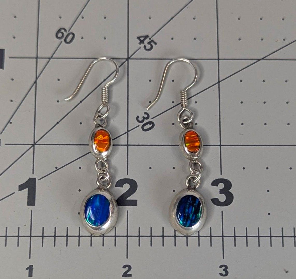 Vintage 950 Pure Sterling Dangle Earrings with Inset Blue and Orange Fire Opal