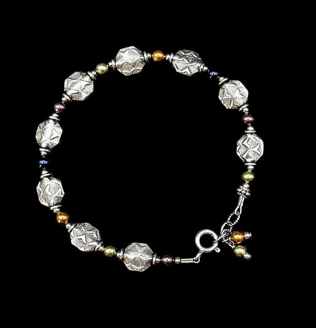 Vintage Sterling Silver Diamond-Cut Bead Bracelet with Multicolor Accents, 7.5"