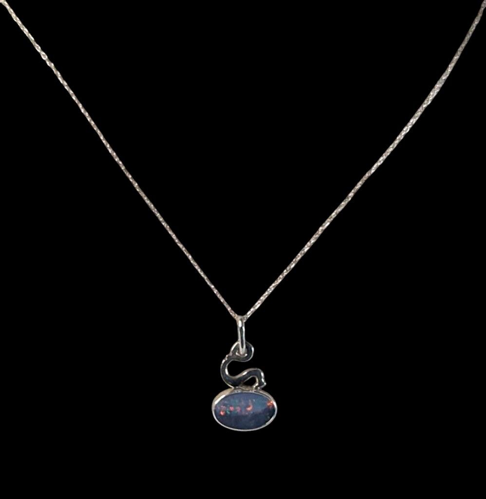 Vintage Signed 1974 Sterling Silver Dark Opal Pendant Necklace