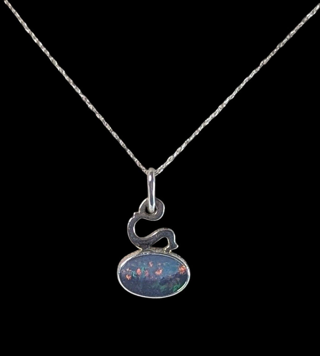 Vintage Signed 1974 Sterling Silver Dark Opal Pendant Necklace