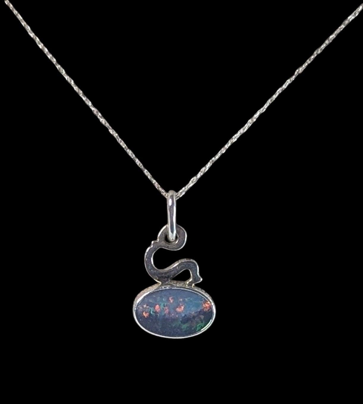 Vintage Signed 1974 Sterling Silver Dark Opal Pendant Necklace
