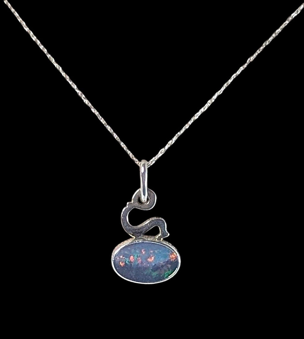 Vintage Signed 1974 Sterling Silver Dark Opal Pendant Necklace
