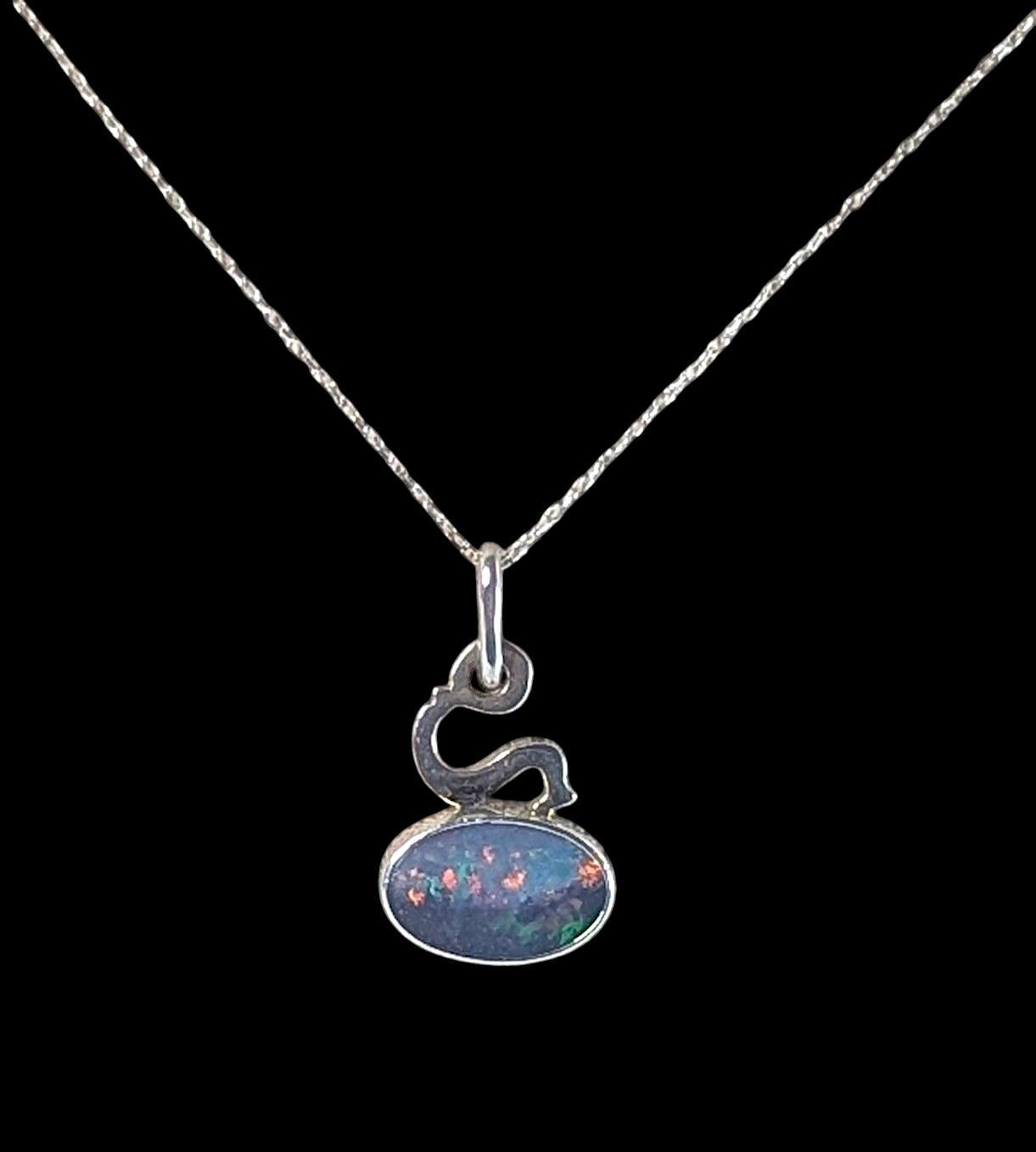 Vintage Signed 1974 Sterling Silver Dark Opal Pendant Necklace