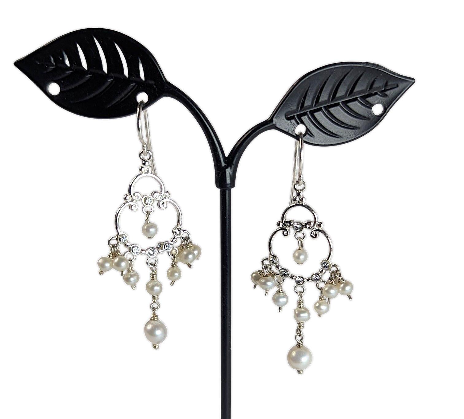 Vintage Sterling Silver and Freshwater Pearl Chandelier Earrings with clear crystal accents