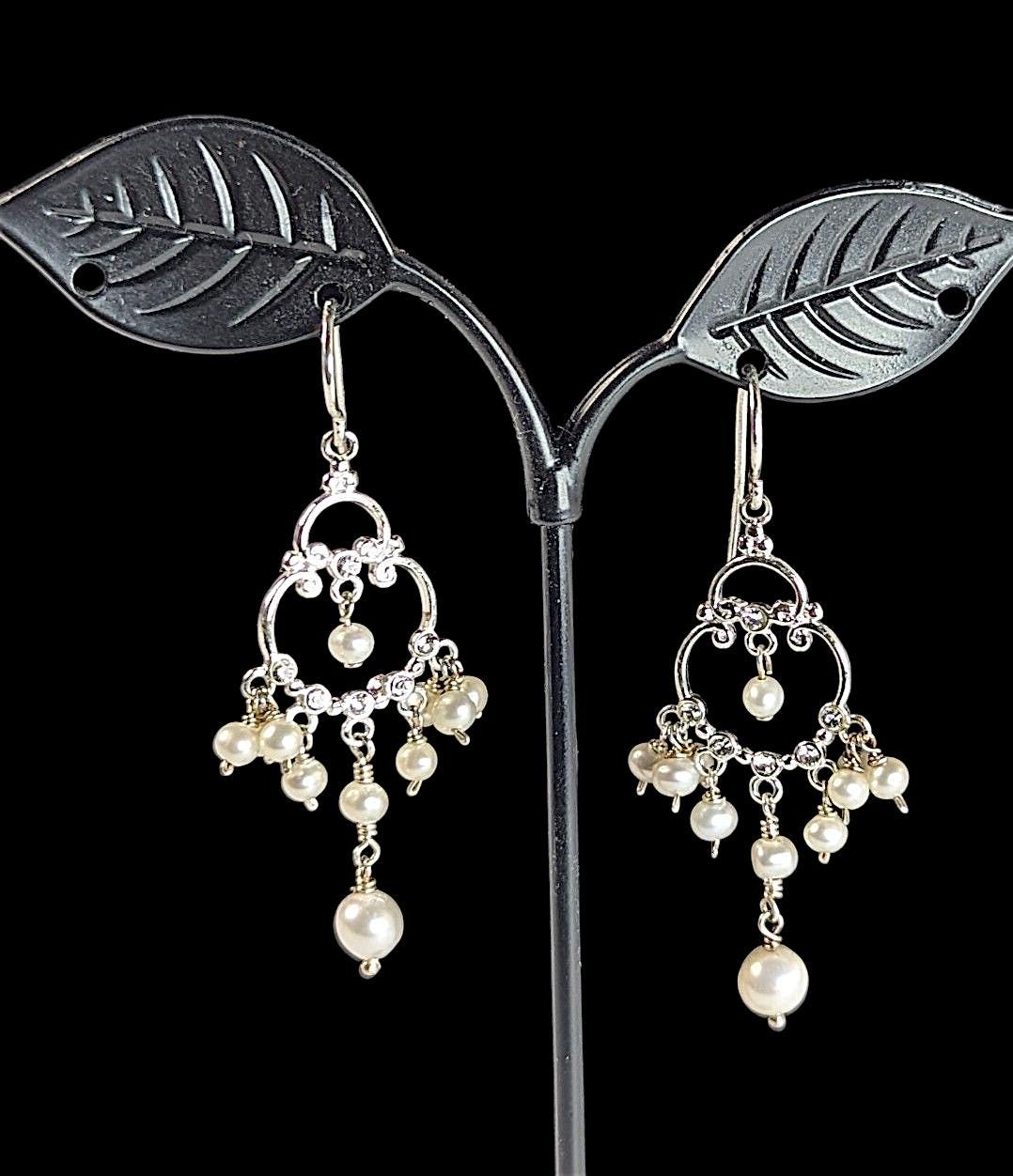 Vintage Sterling Silver and Freshwater Pearl Chandelier Earrings with clear crystal accents