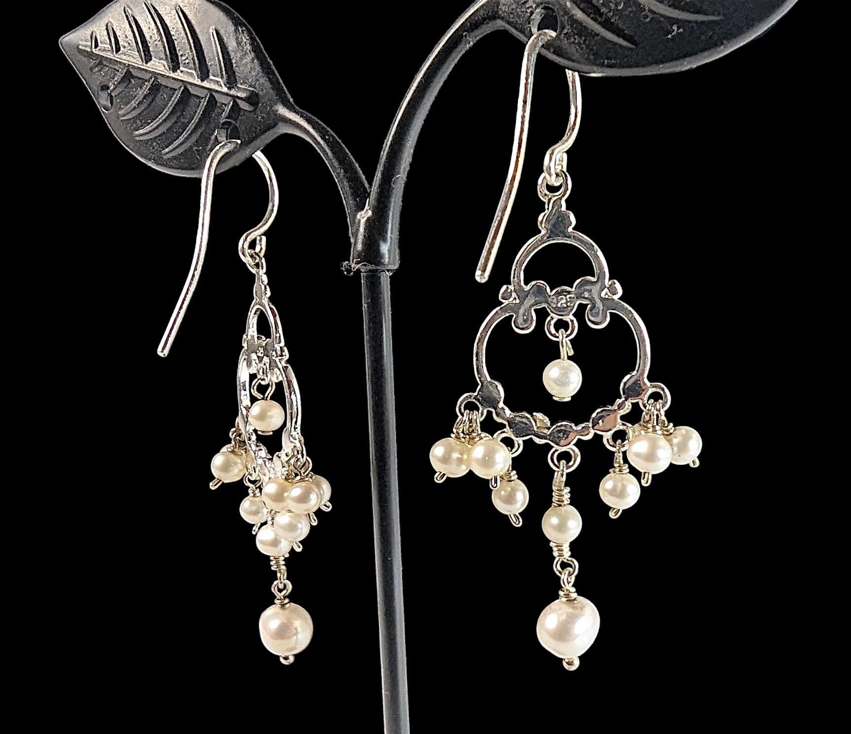Vintage Sterling Silver and Freshwater Pearl Chandelier Earrings with clear crystal accents
