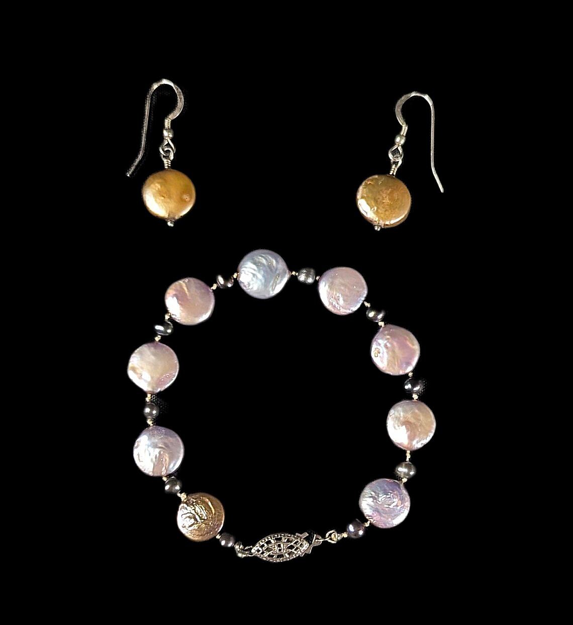 Vintage Sterling Silver Coin Pearl Bracelet and Earrings Curated Set