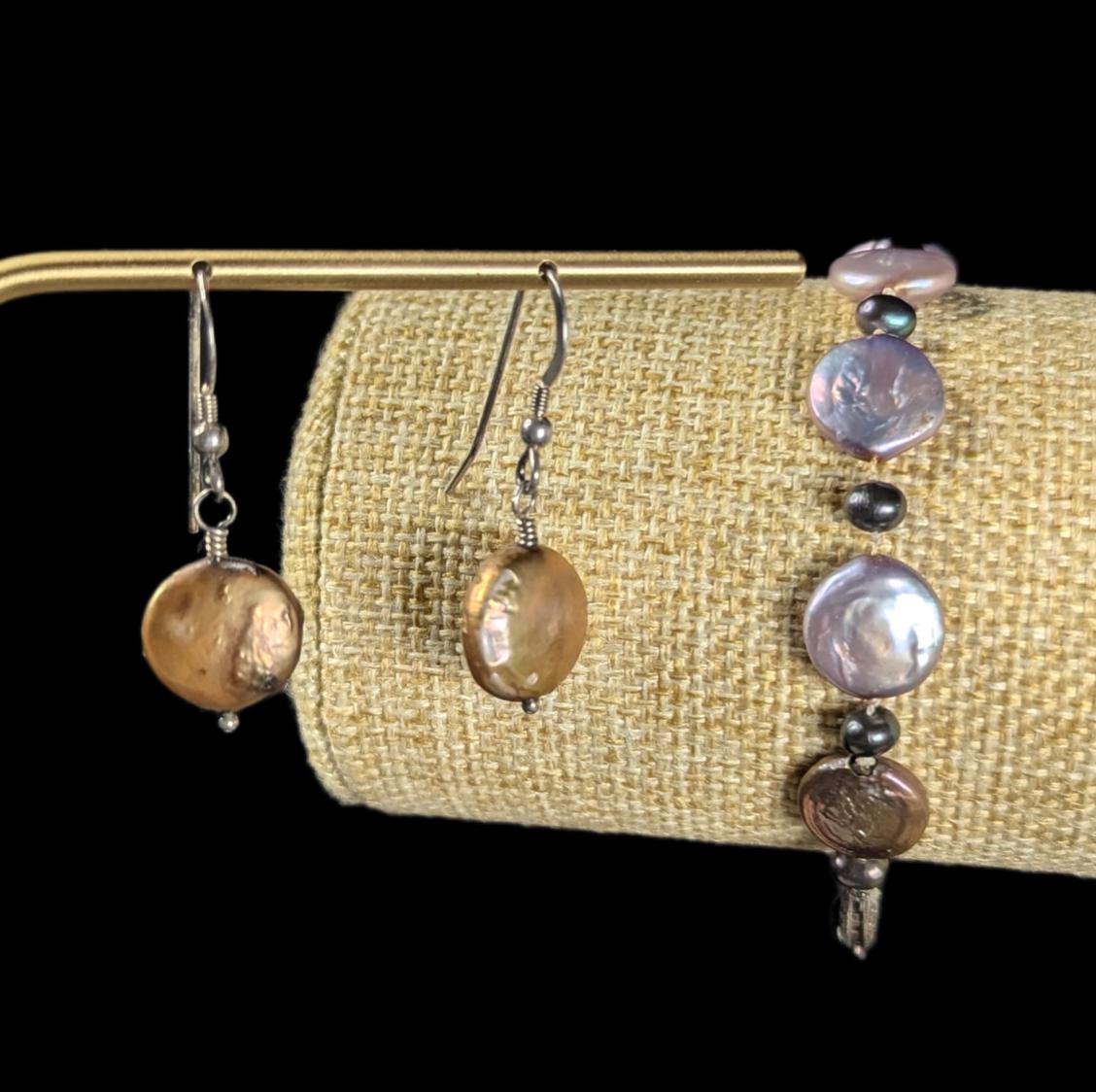 Vintage Sterling Silver Coin Pearl Bracelet and Earrings Curated Set