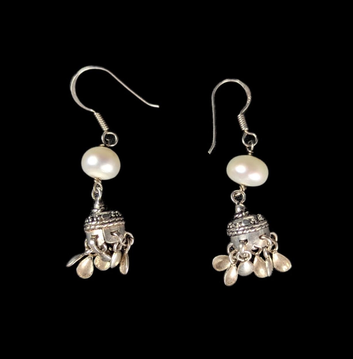 Vintage Freshwater Pearl and Sterling Silver Jhumka Dangle Earrings - 1.8" drop length