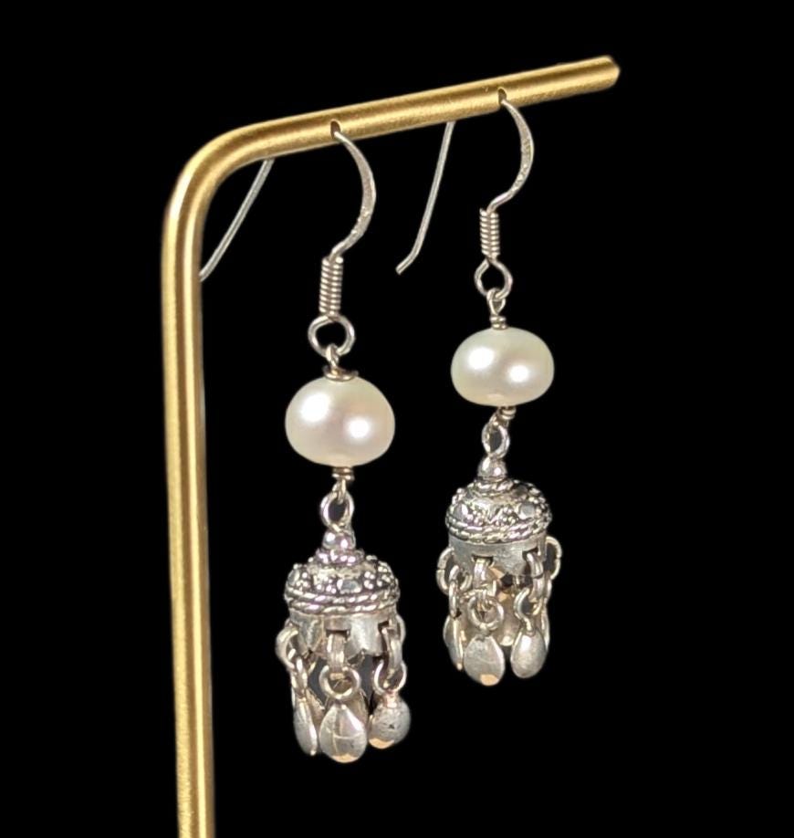 Vintage Freshwater Pearl and Sterling Silver Jhumka Dangle Earrings - 1.8" drop length
