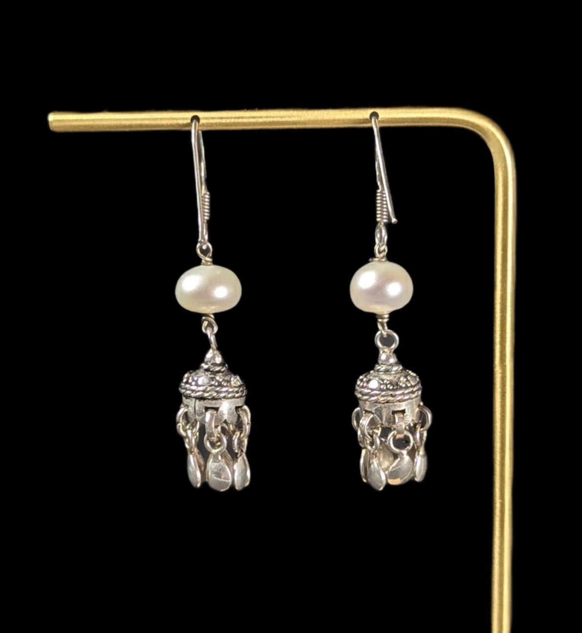Vintage Freshwater Pearl and Sterling Silver Jhumka Dangle Earrings - 1.8" drop length