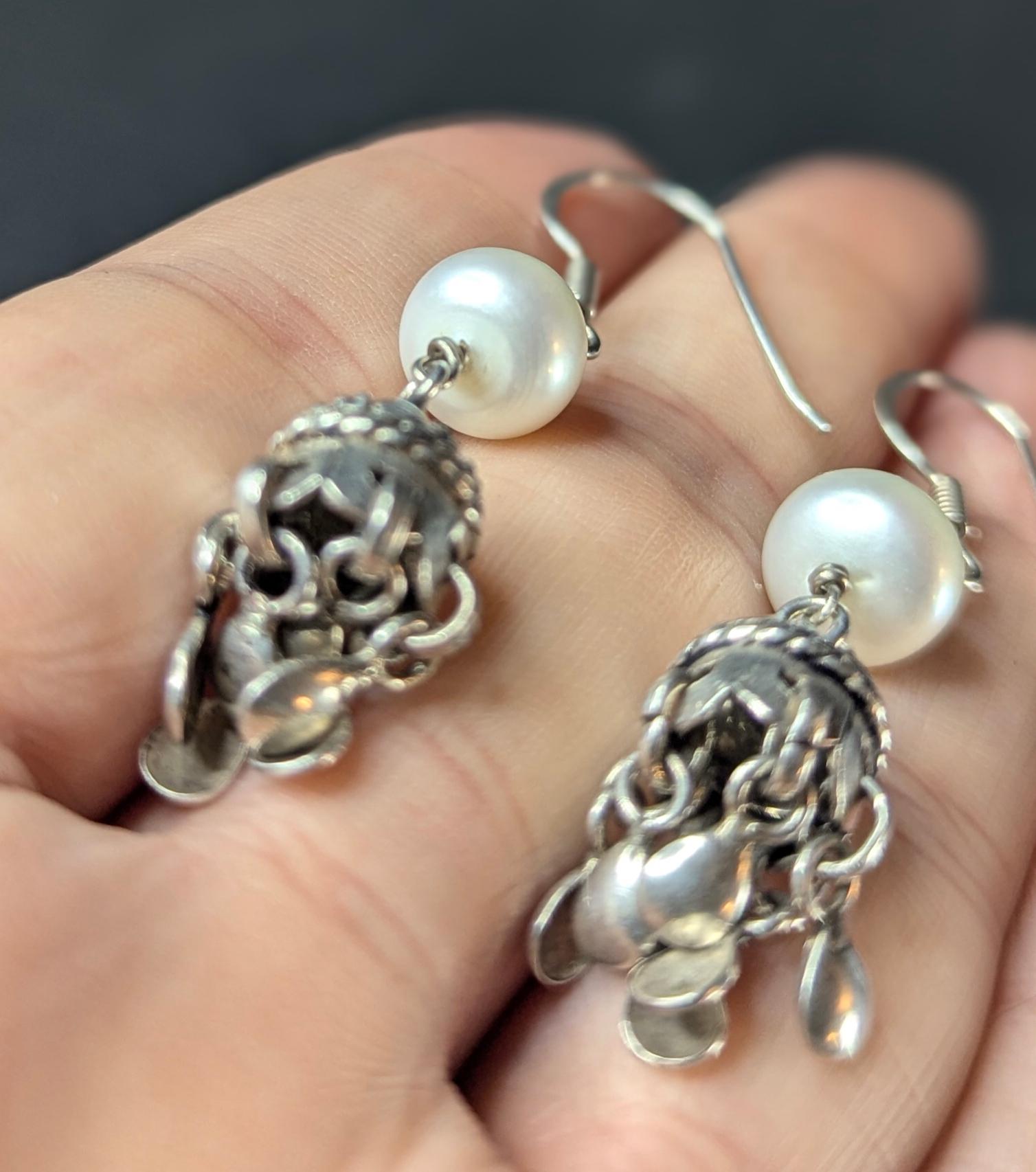 Vintage Freshwater Pearl and Sterling Silver Jhumka Dangle Earrings - 1.8" drop length