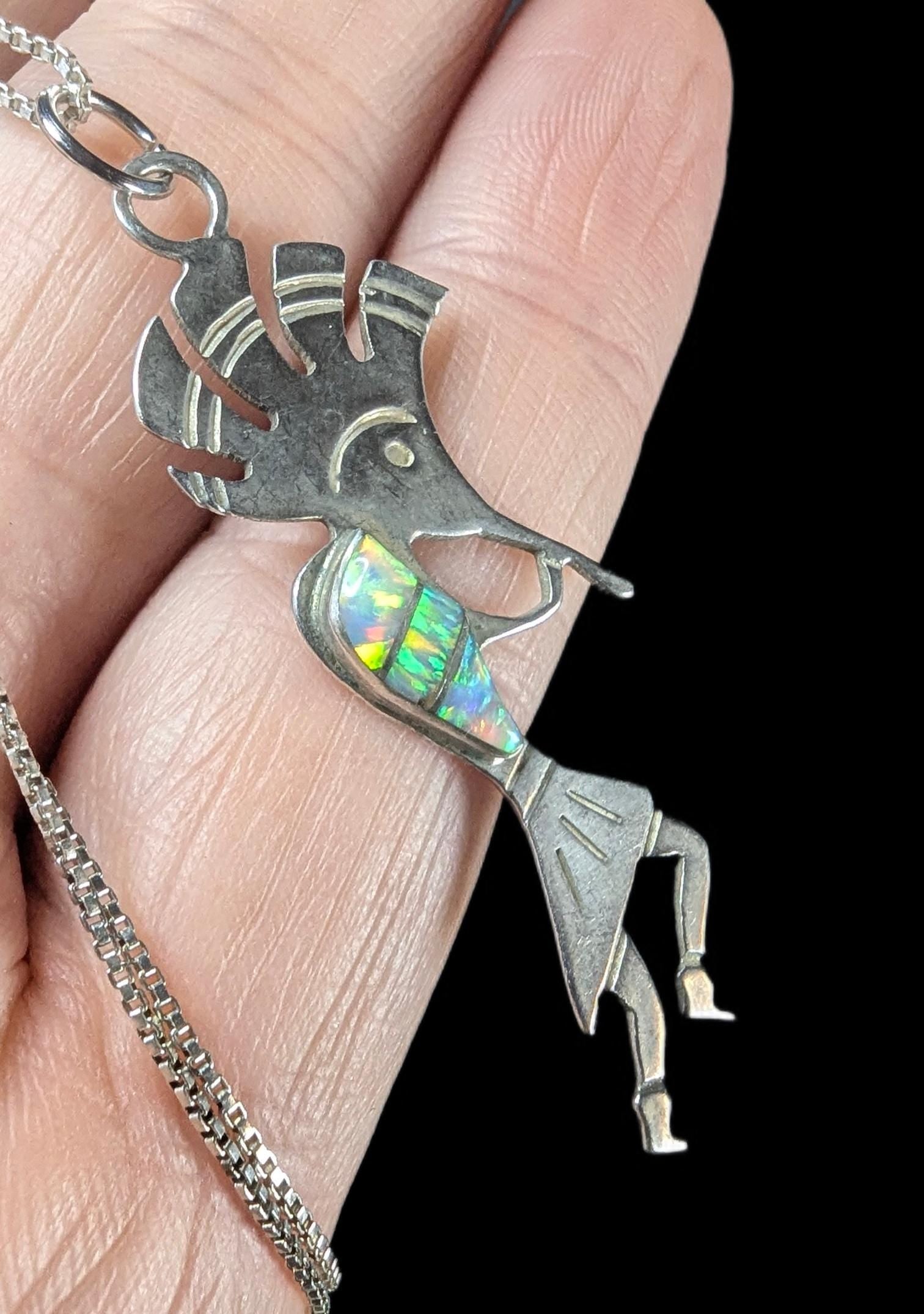Vintage Sterling Silver Kokopelli Opal Inlay Pendant Necklace 18" Chain