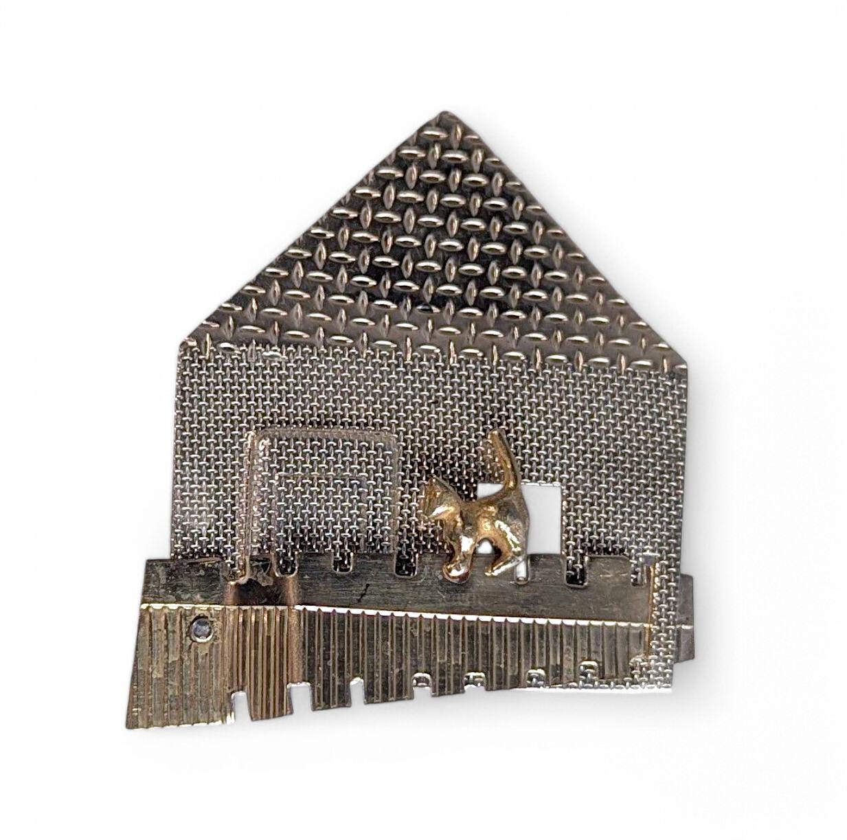Vintage Sterling Silver House Brooch: Brass Cat, KDTR Artisan Jewelry
