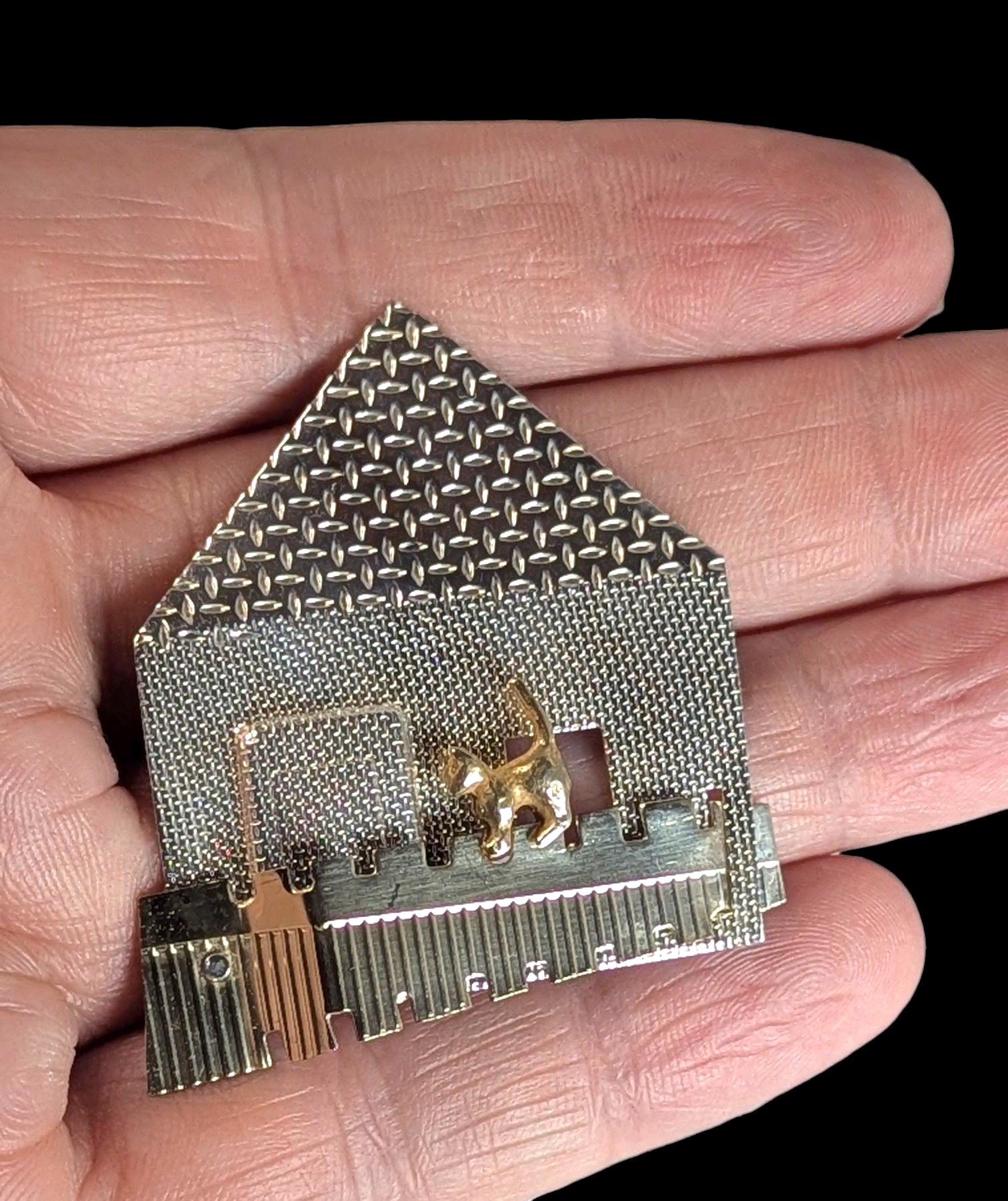 Vintage Sterling Silver House Brooch: Brass Cat, KDTR Artisan Jewelry