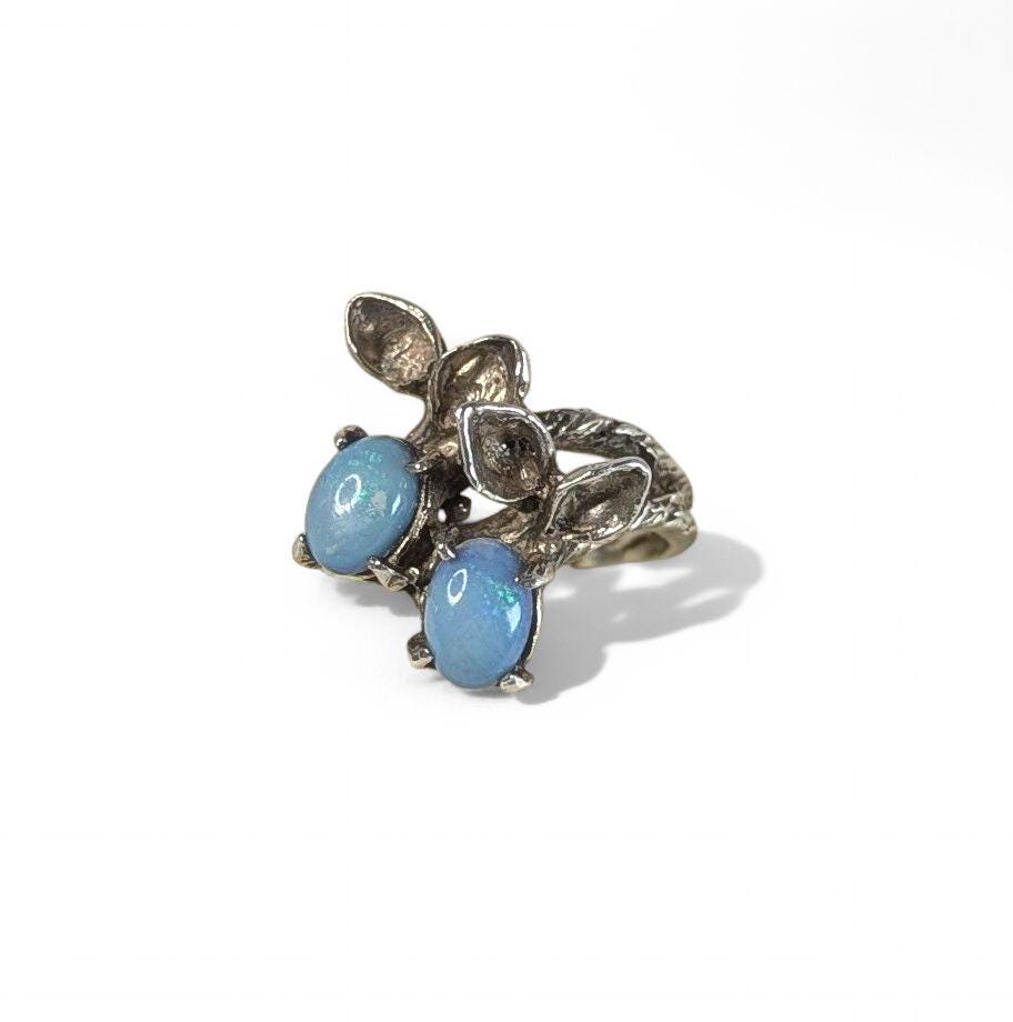 Vintage Sterling Silver Opal Triplet Ring: Art Nouveau Leaf Design, US Size 5