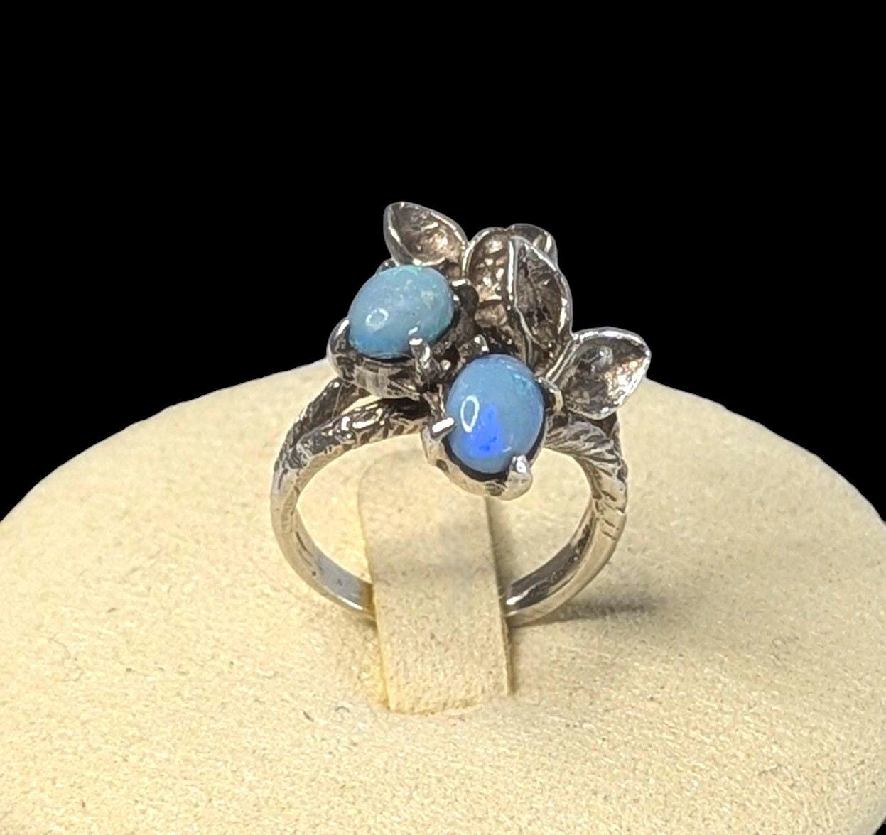 Vintage Sterling Silver Opal Triplet Ring: Art Nouveau Leaf Design, US Size 5