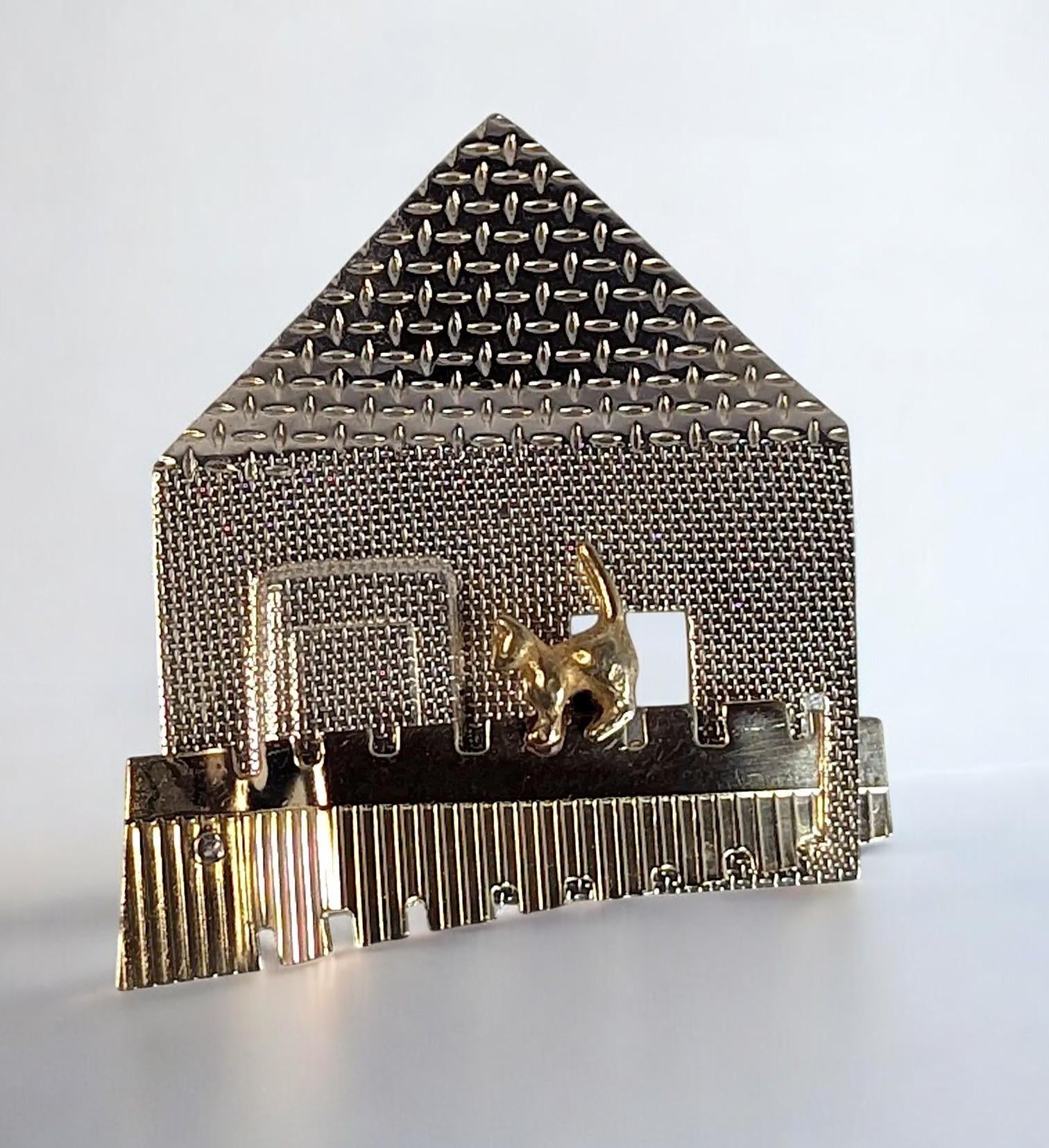 Vintage Sterling Silver House Brooch: Brass Cat, KDTR Artisan Jewelry