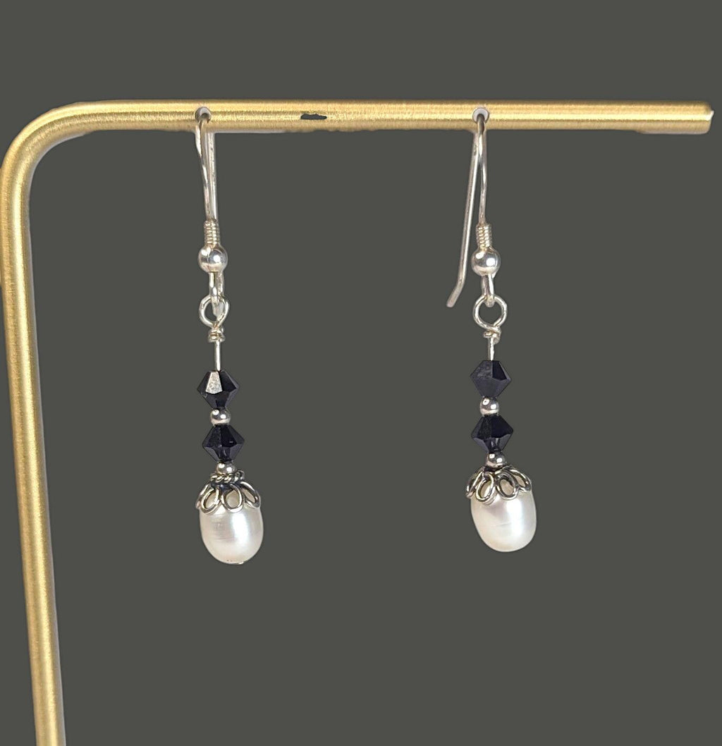 Vintage Freshwater Pearl Earrings in Sterling silver with black crystal accents