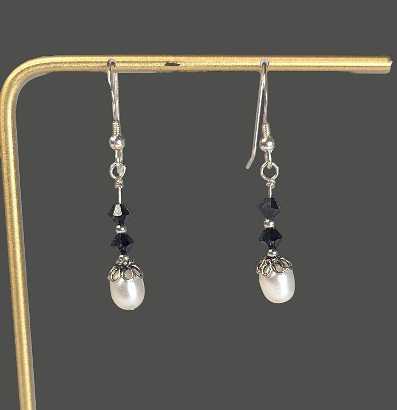 Vintage Freshwater Pearl Earrings in Sterling silver with black crystal accents