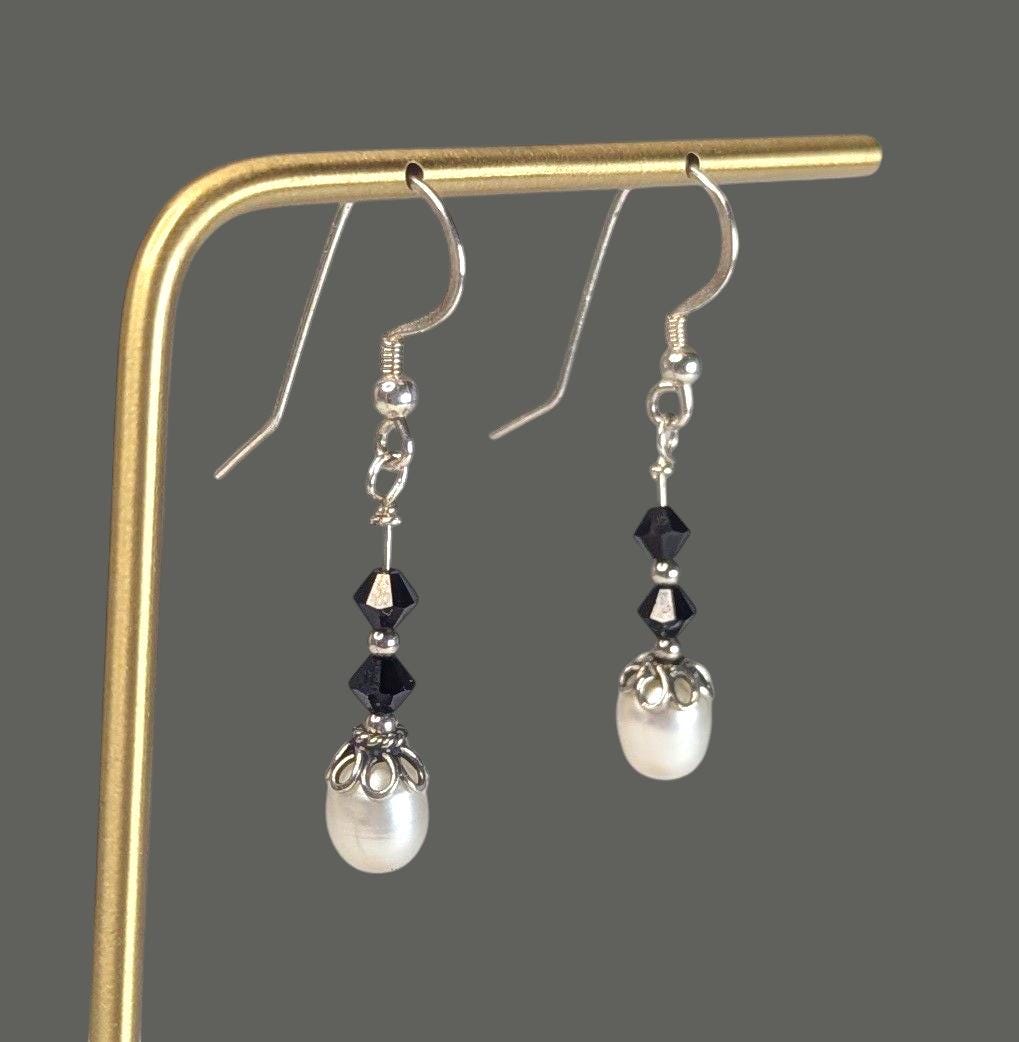 Vintage Freshwater Pearl Earrings in Sterling silver with black crystal accents