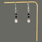 Vintage Freshwater Pearl Earrings in Sterling silver with black crystal accents