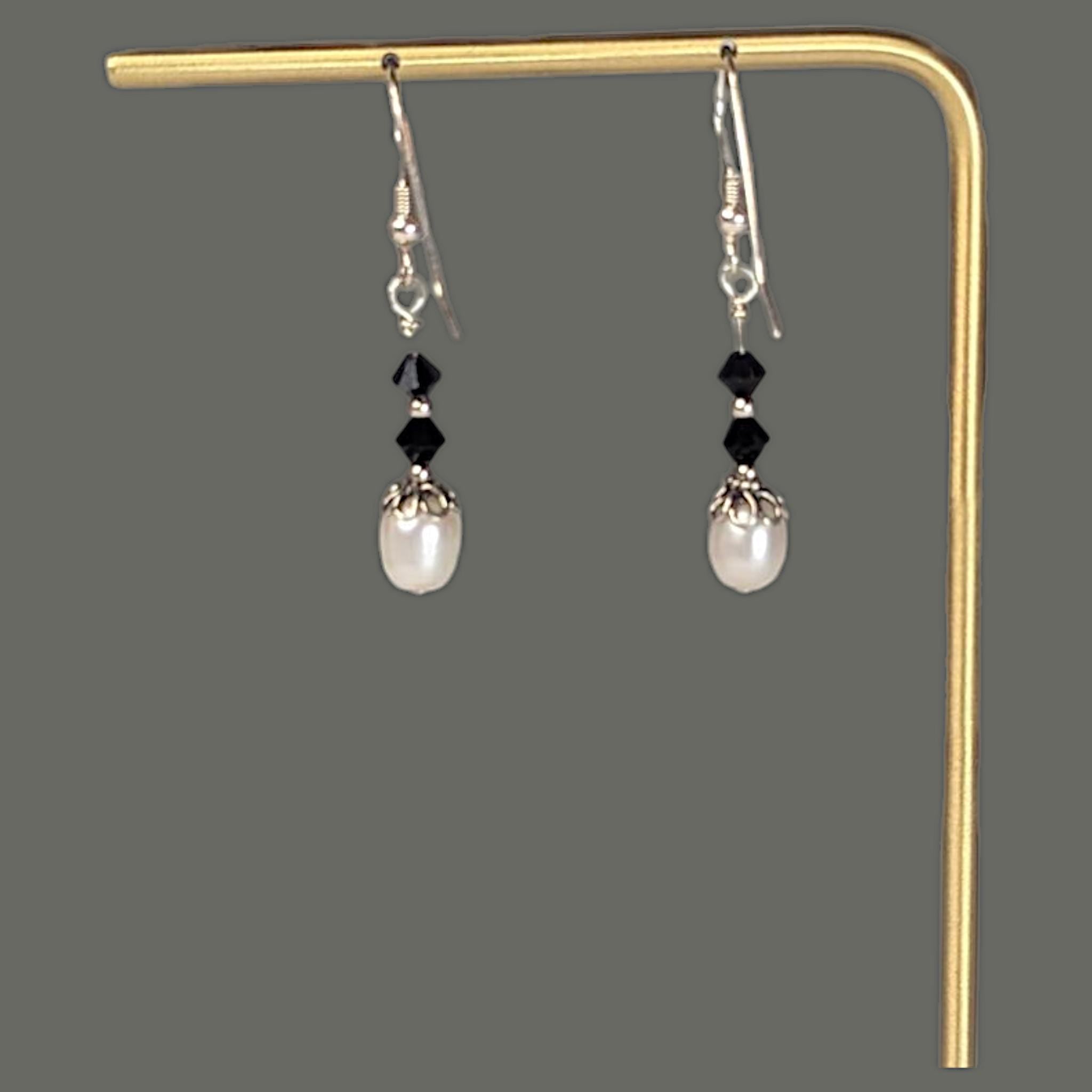 Vintage Freshwater Pearl Earrings in Sterling silver with black crystal accents