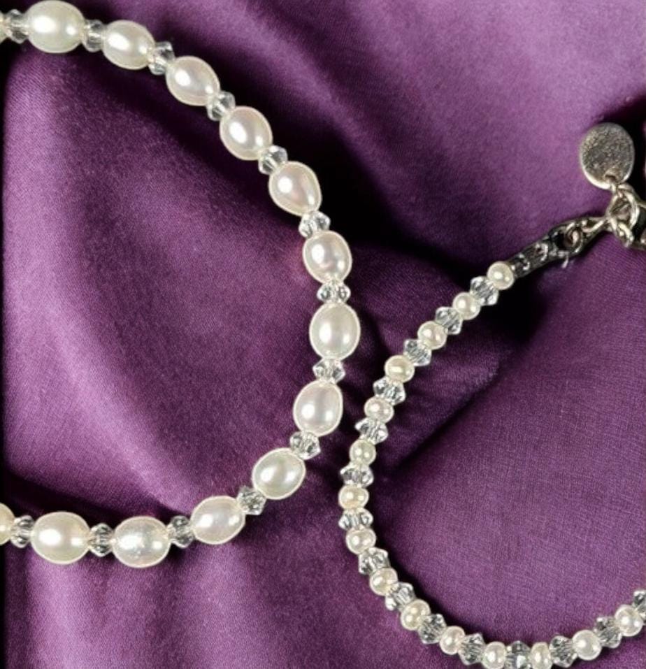 Vintage Mother & Baby Bracelet Set: Cultured Pearls, Crystal, Sterling Silver