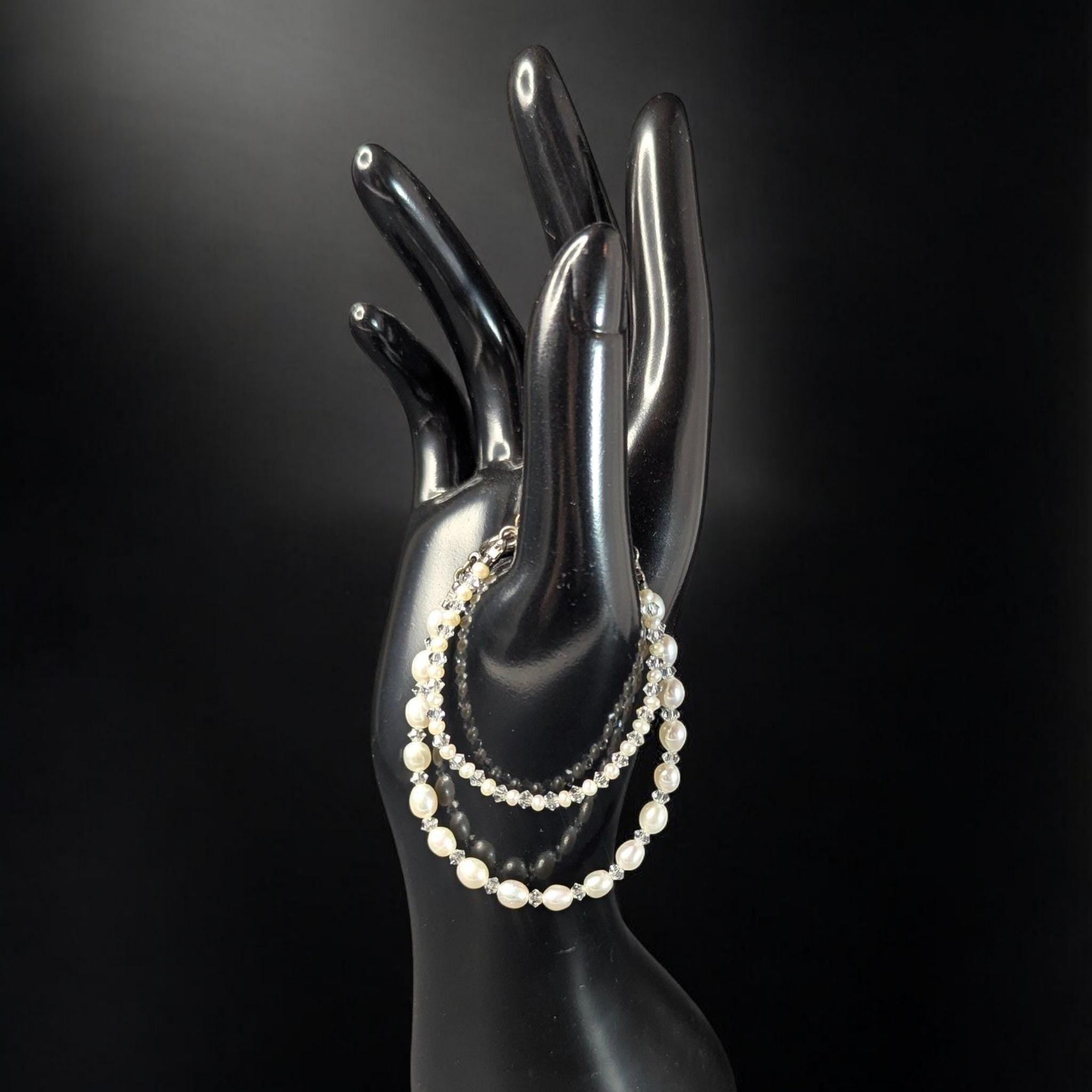 Vintage Mother & Baby Bracelet Set: Cultured Pearls, Crystal, Sterling Silver