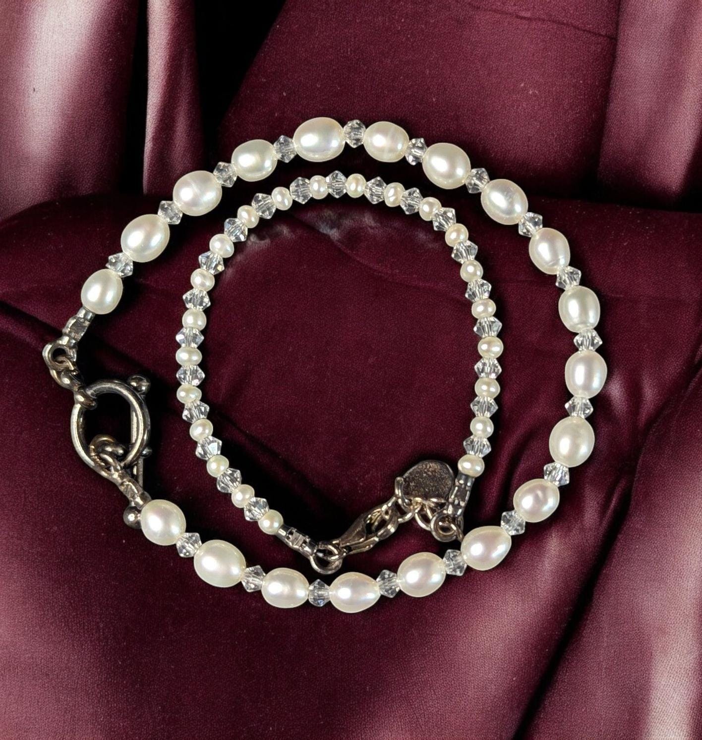 Vintage Mother & Baby Bracelet Set: Cultured Pearls, Crystal, Sterling Silver