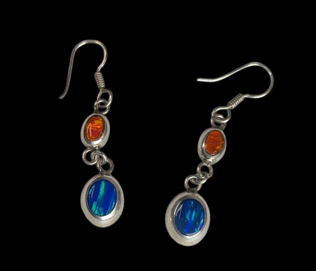 Vintage 950 Pure Sterling Dangle Earrings with Inset Blue and Orange Fire Opal
