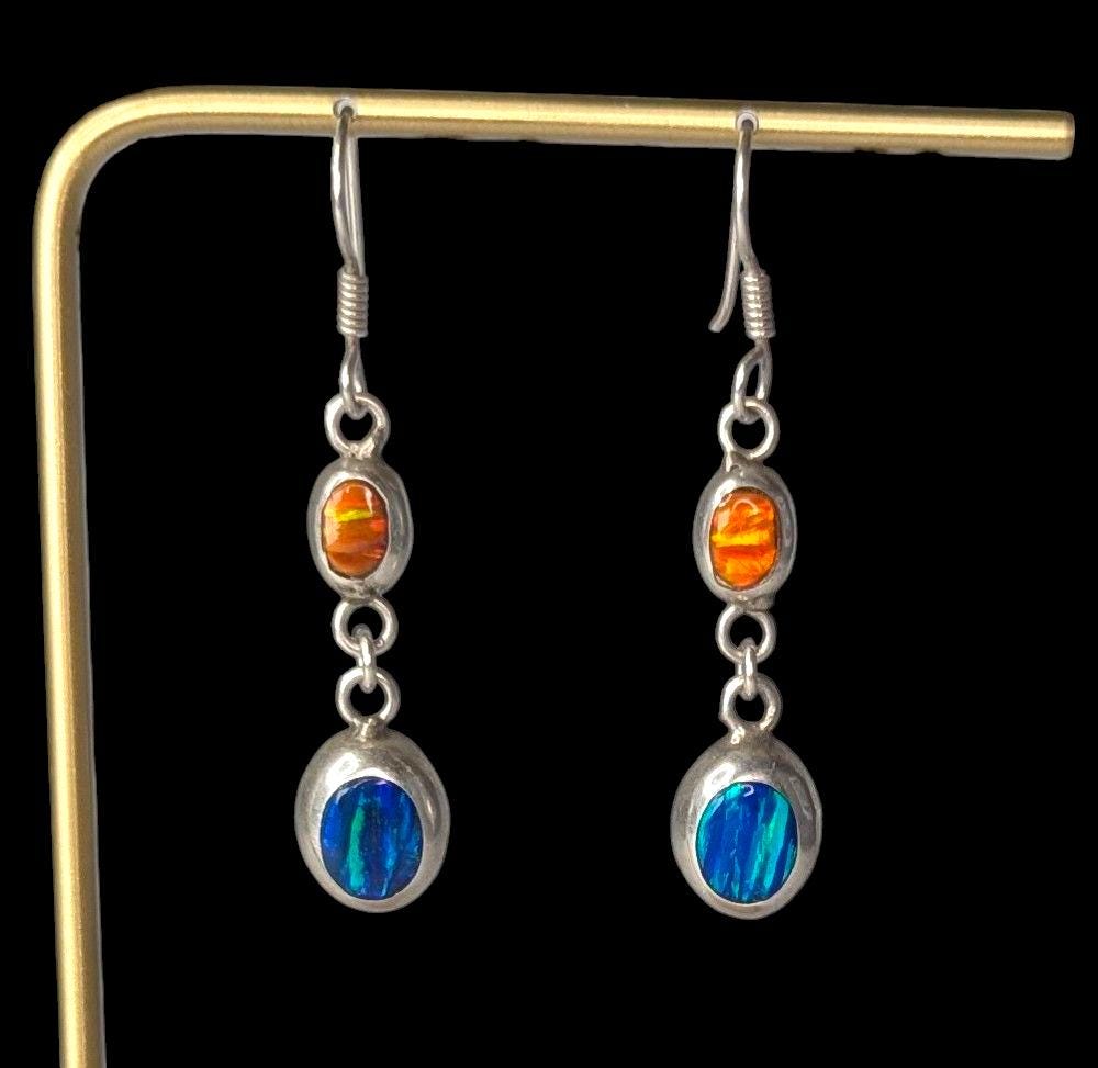 Vintage 950 Pure Sterling Dangle Earrings with Inset Blue and Orange Fire Opal