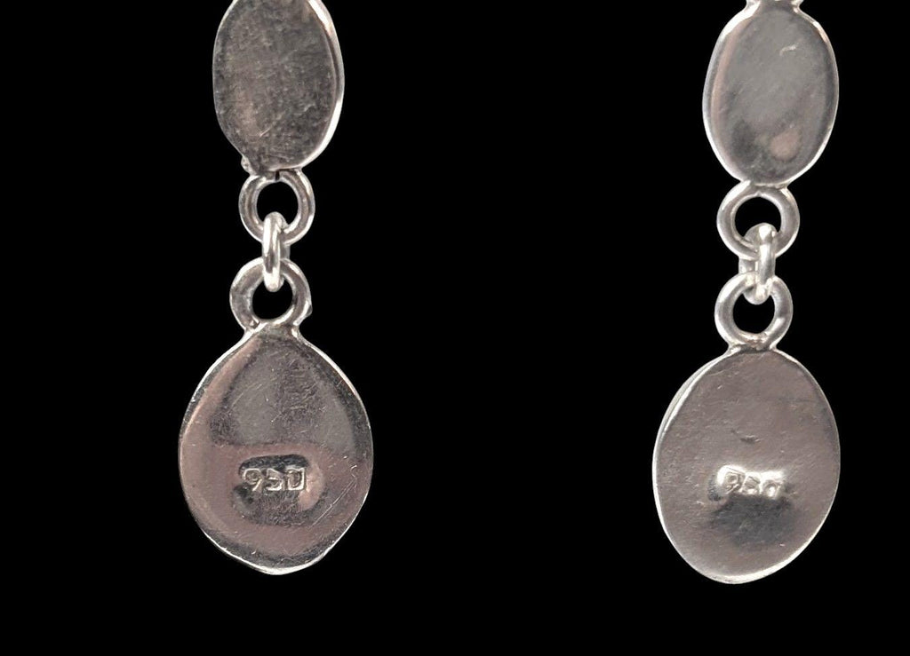 Vintage 950 Pure Sterling Dangle Earrings with Inset Blue and Orange Fire Opal