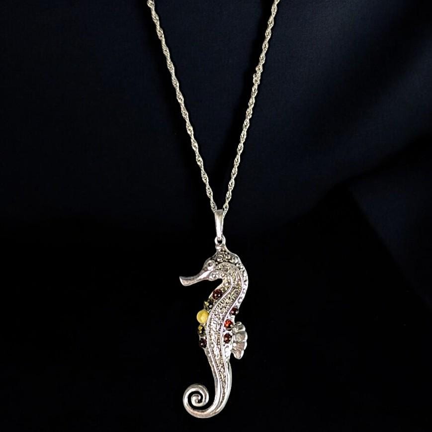 Sterling Silver Seahorse Pendant with Multicolored Amber Accents, 20" 925 Singapore Chain