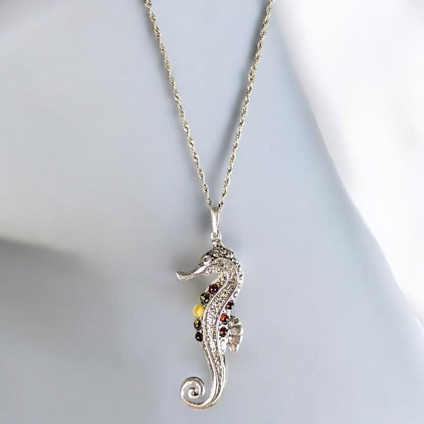 Sterling Silver Seahorse Pendant with Multicolored Amber Accents, 20" 925 Singapore Chain