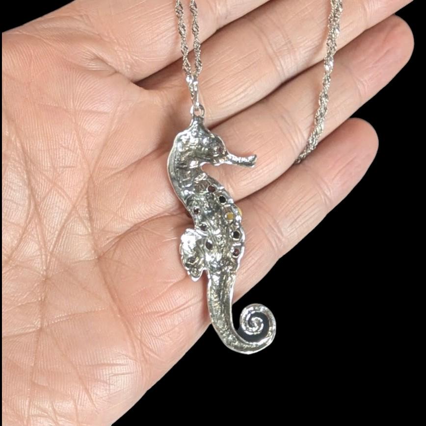 Sterling Silver Seahorse Pendant with Multicolored Amber Accents, 20" 925 Singapore Chain