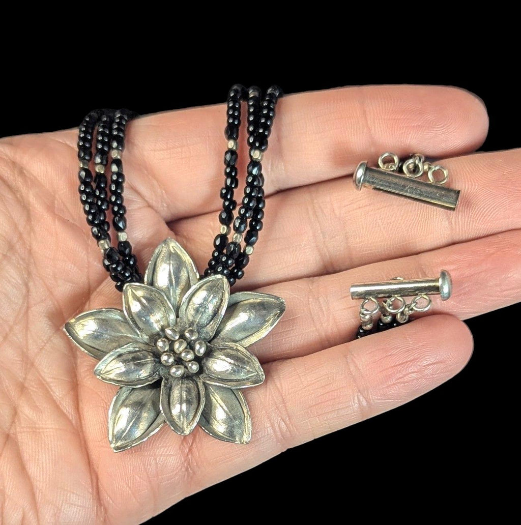 Vintage Sterling Silver Edelweiss Choker: Black Onyx & Glass Beads