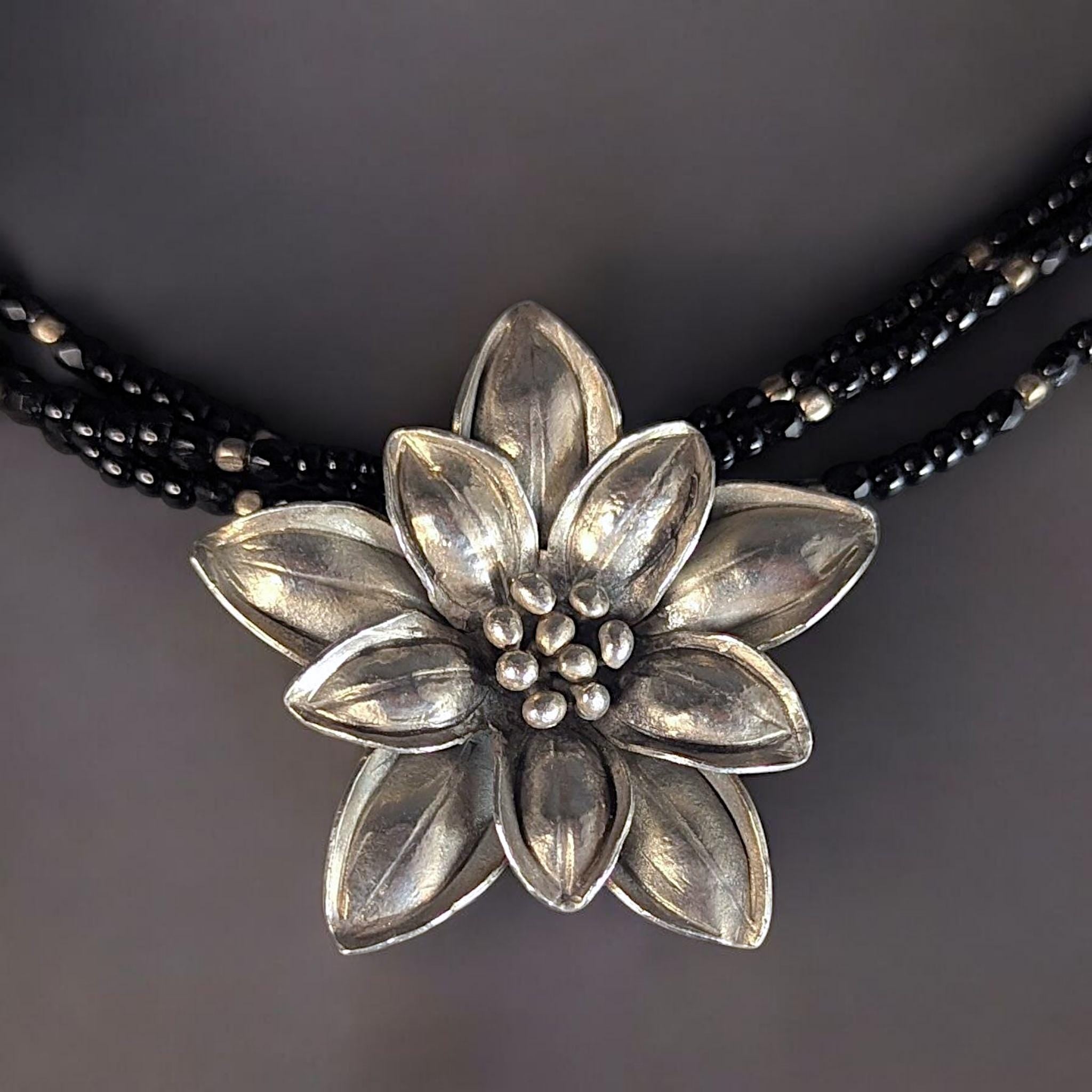 Vintage Sterling Silver Edelweiss Choker: Black Onyx & Glass Beads