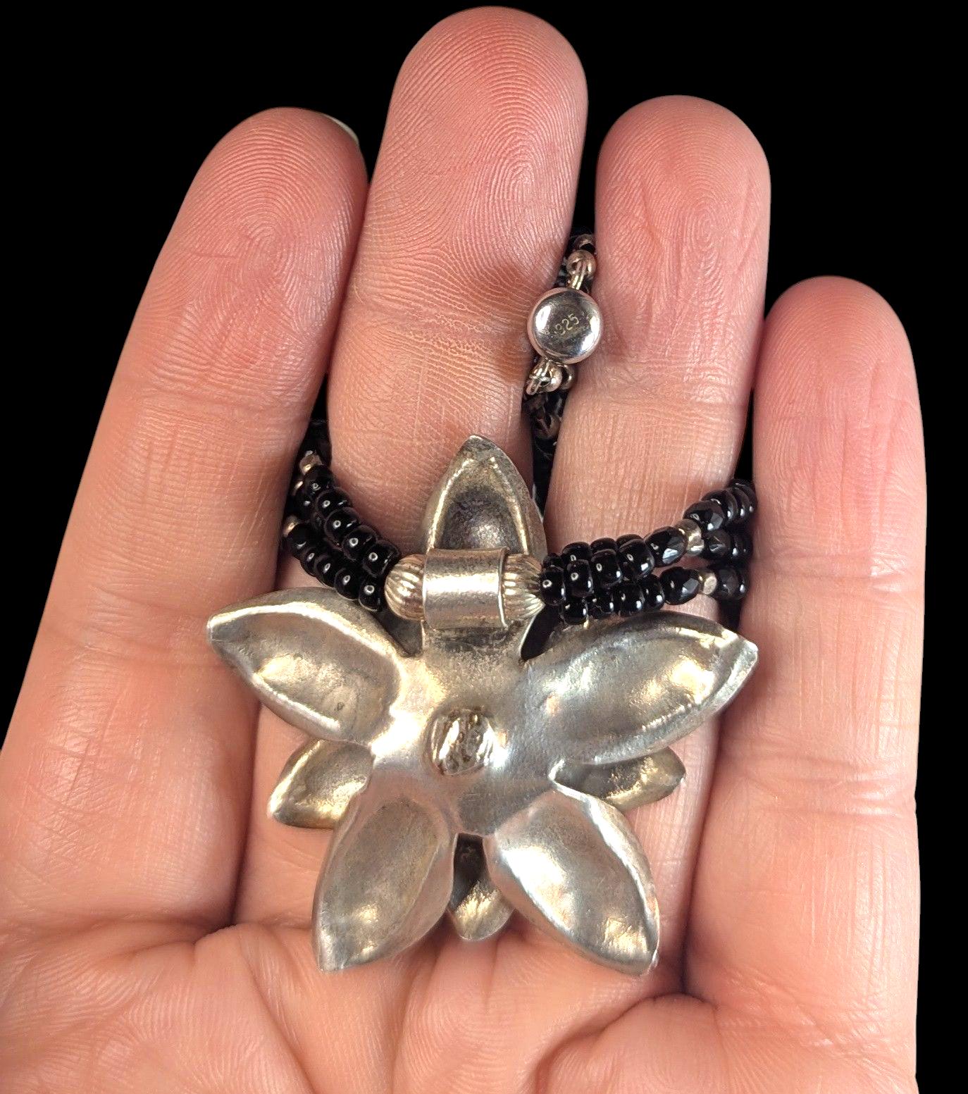 Vintage Sterling Silver Edelweiss Choker: Black Onyx & Glass Beads