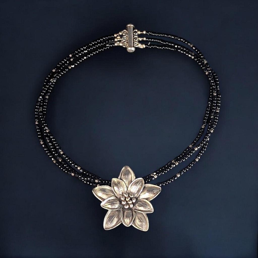 Vintage Sterling Silver Edelweiss Choker: Black Onyx & Glass Beads