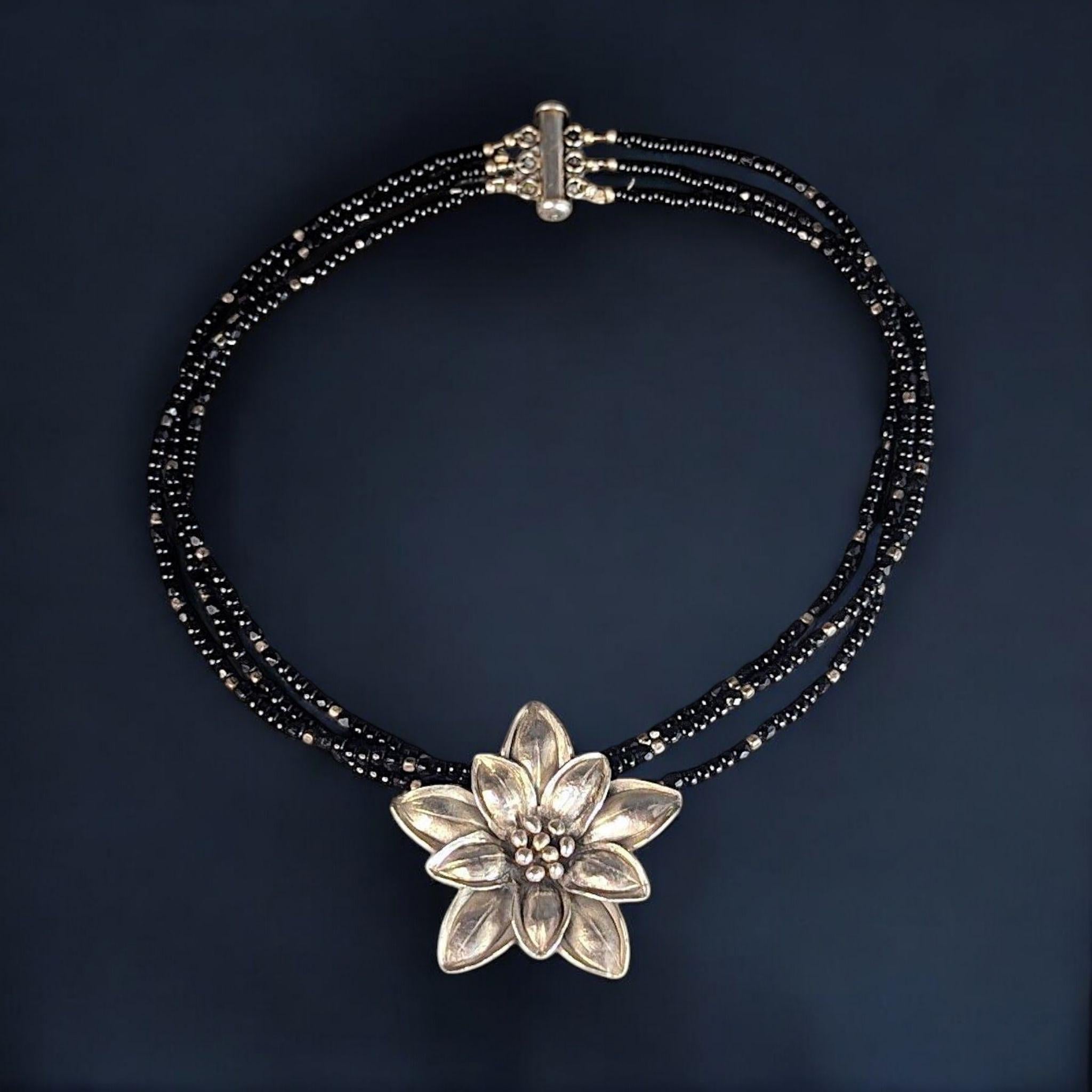 Vintage Sterling Silver Edelweiss Choker: Black Onyx & Glass Beads