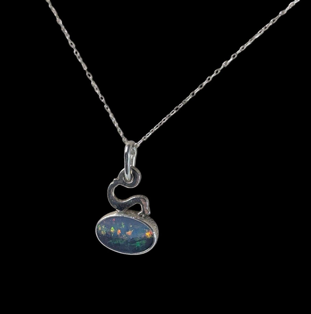 Vintage Signed 1974 Sterling Silver Dark Opal Pendant Necklace