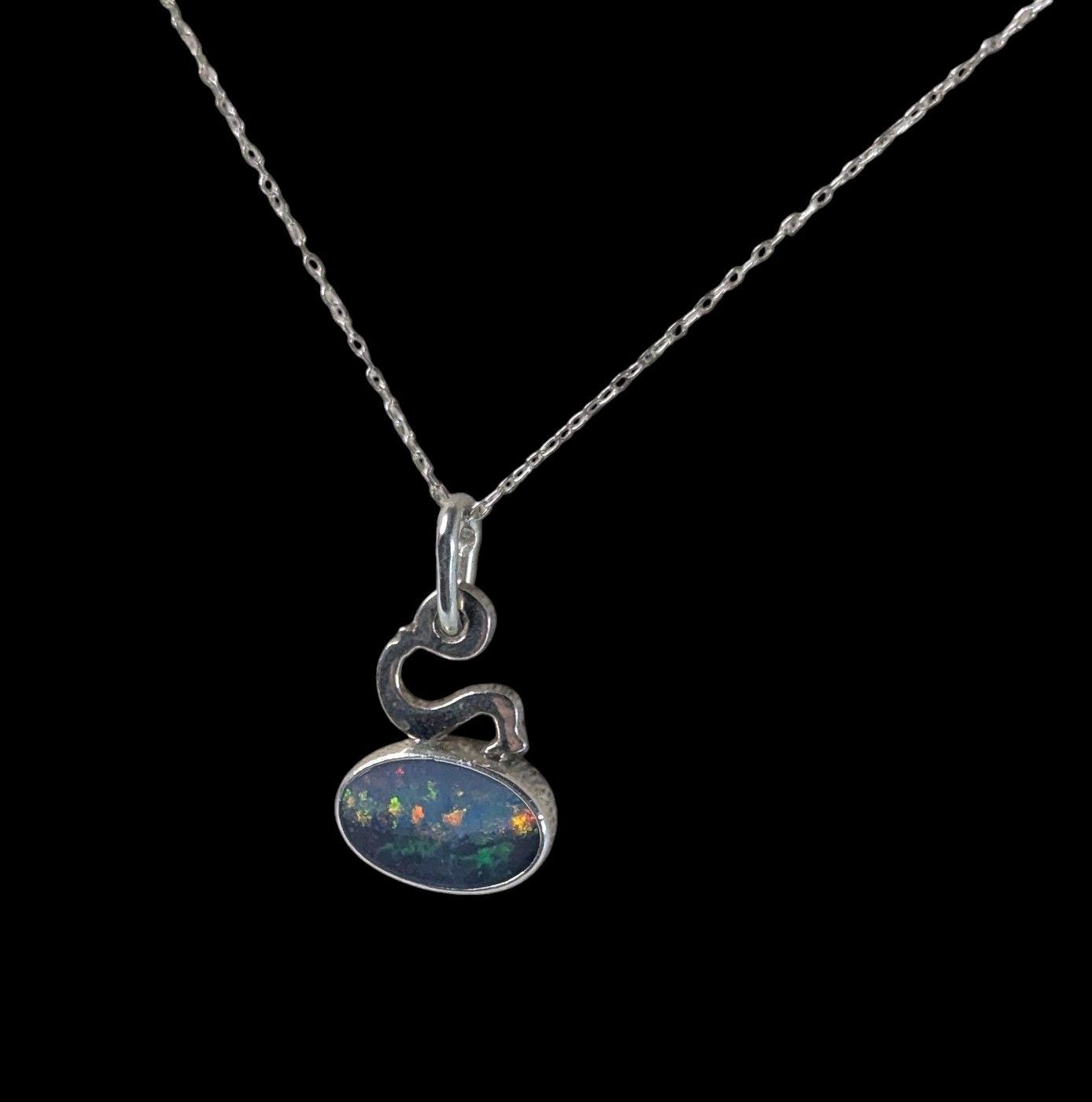 Vintage Signed 1974 Sterling Silver Dark Opal Pendant Necklace
