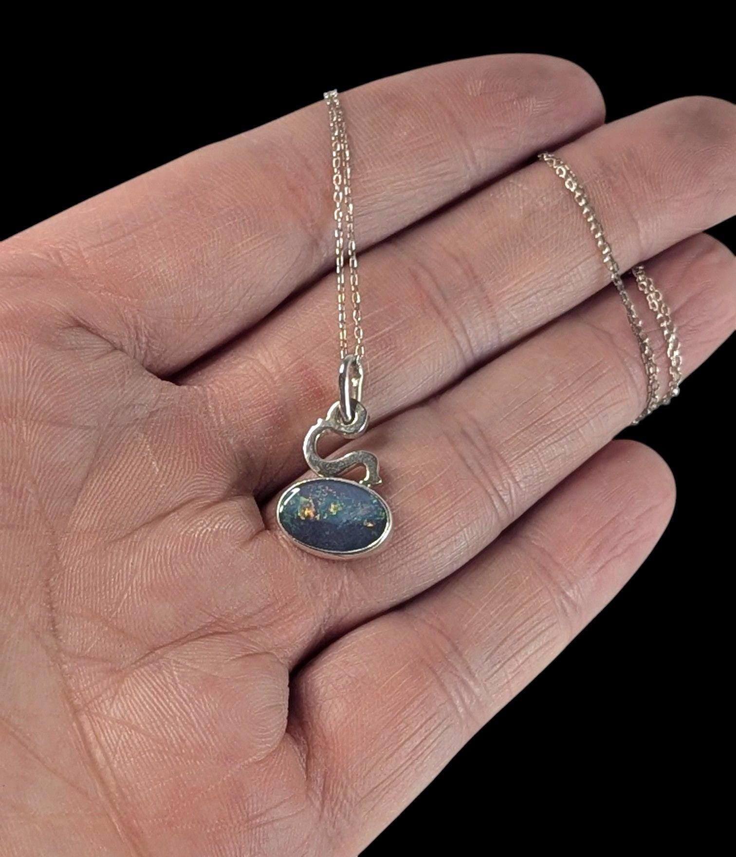 Vintage Signed 1974 Sterling Silver Dark Opal Pendant Necklace