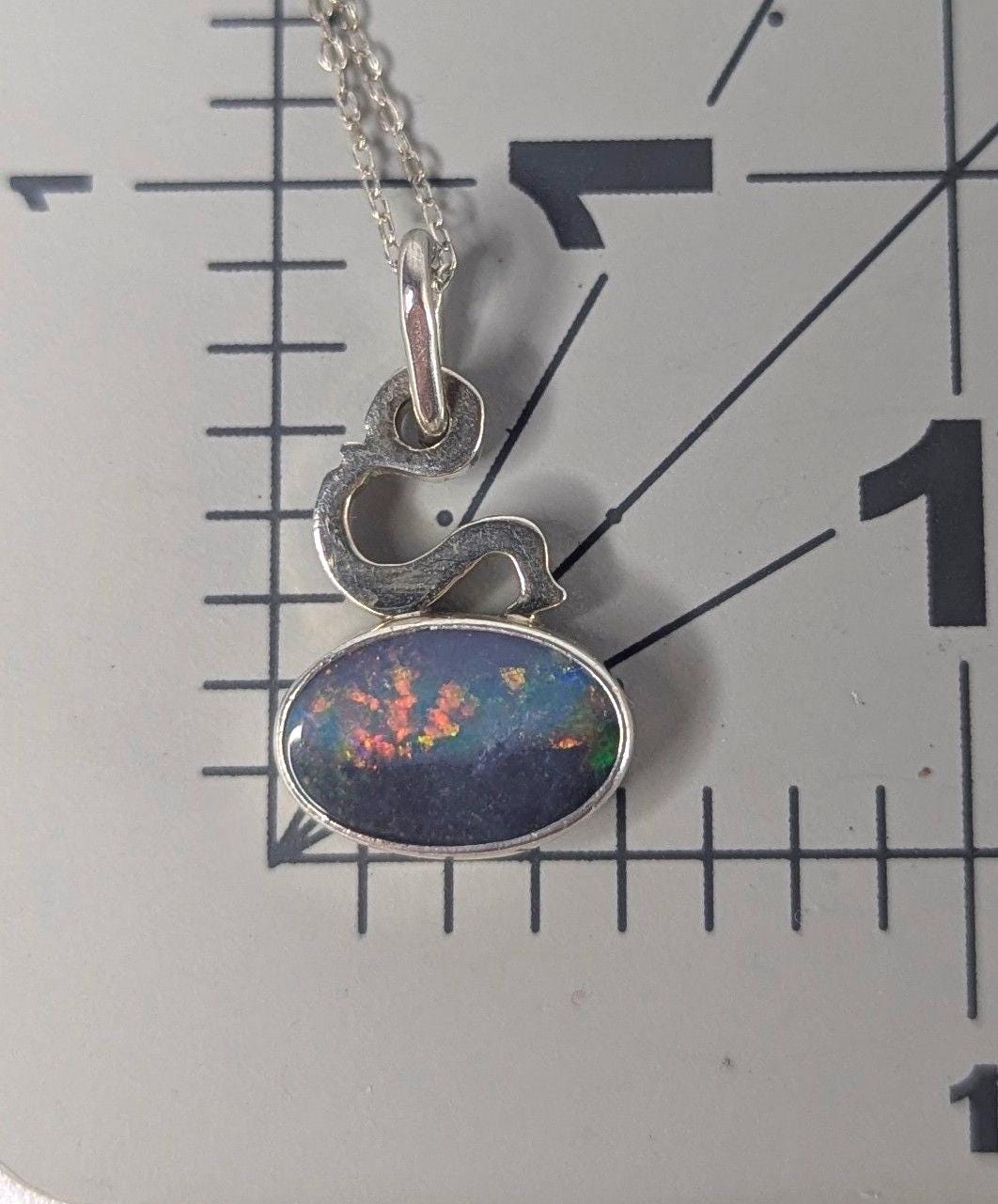 Vintage Signed 1974 Sterling Silver Dark Opal Pendant Necklace