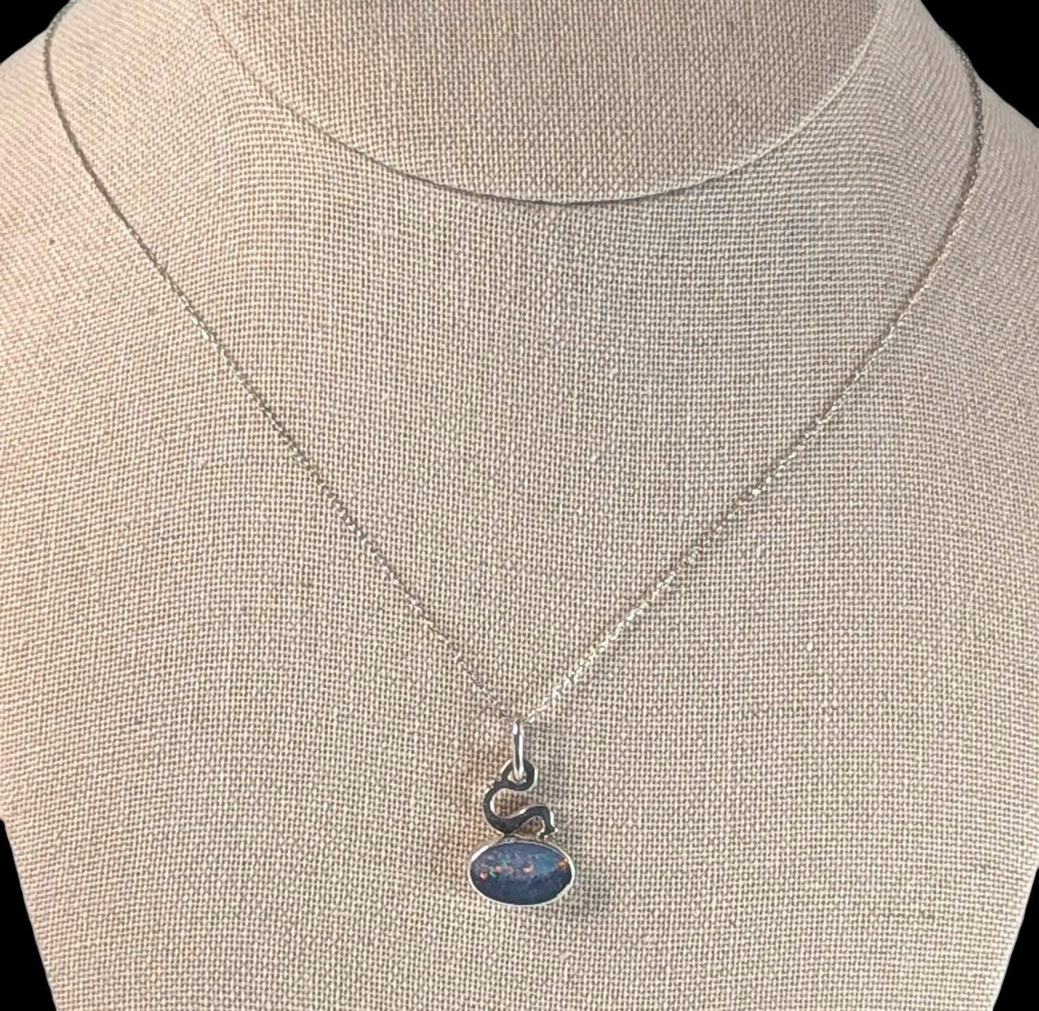 Vintage Signed 1974 Sterling Silver Dark Opal Pendant Necklace