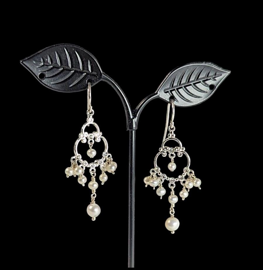 Vintage Sterling Silver and Freshwater Pearl Chandelier Earrings with clear crystal accents