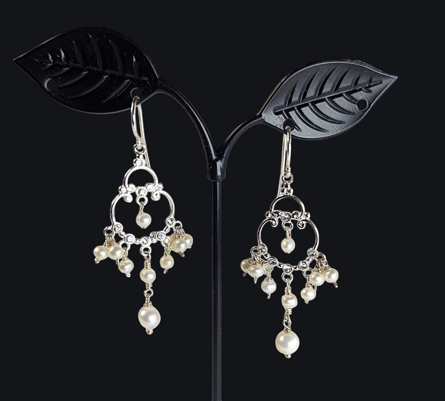 Vintage Sterling Silver and Freshwater Pearl Chandelier Earrings with clear crystal accents
