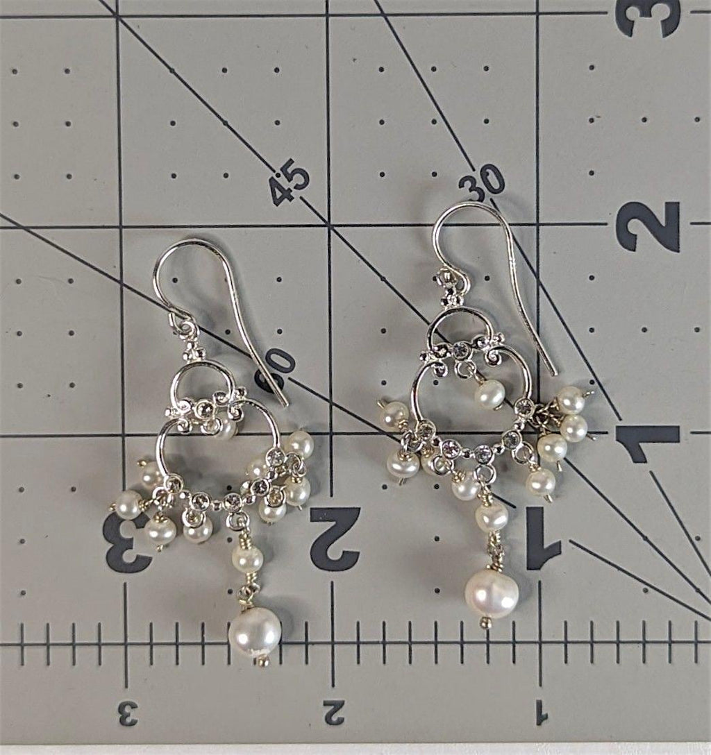 Vintage Sterling Silver and Freshwater Pearl Chandelier Earrings with clear crystal accents