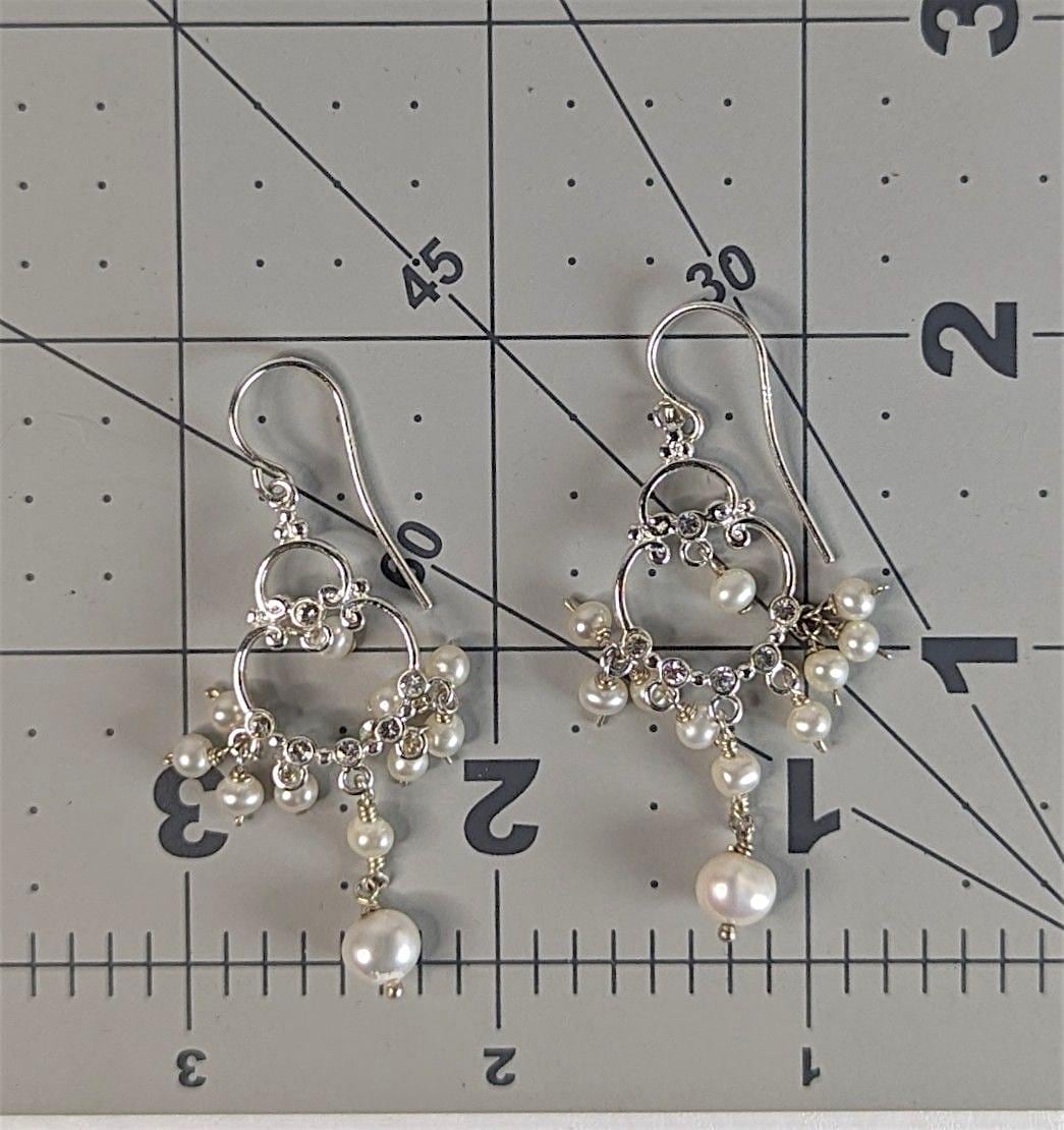 Vintage Sterling Silver and Freshwater Pearl Chandelier Earrings with clear crystal accents